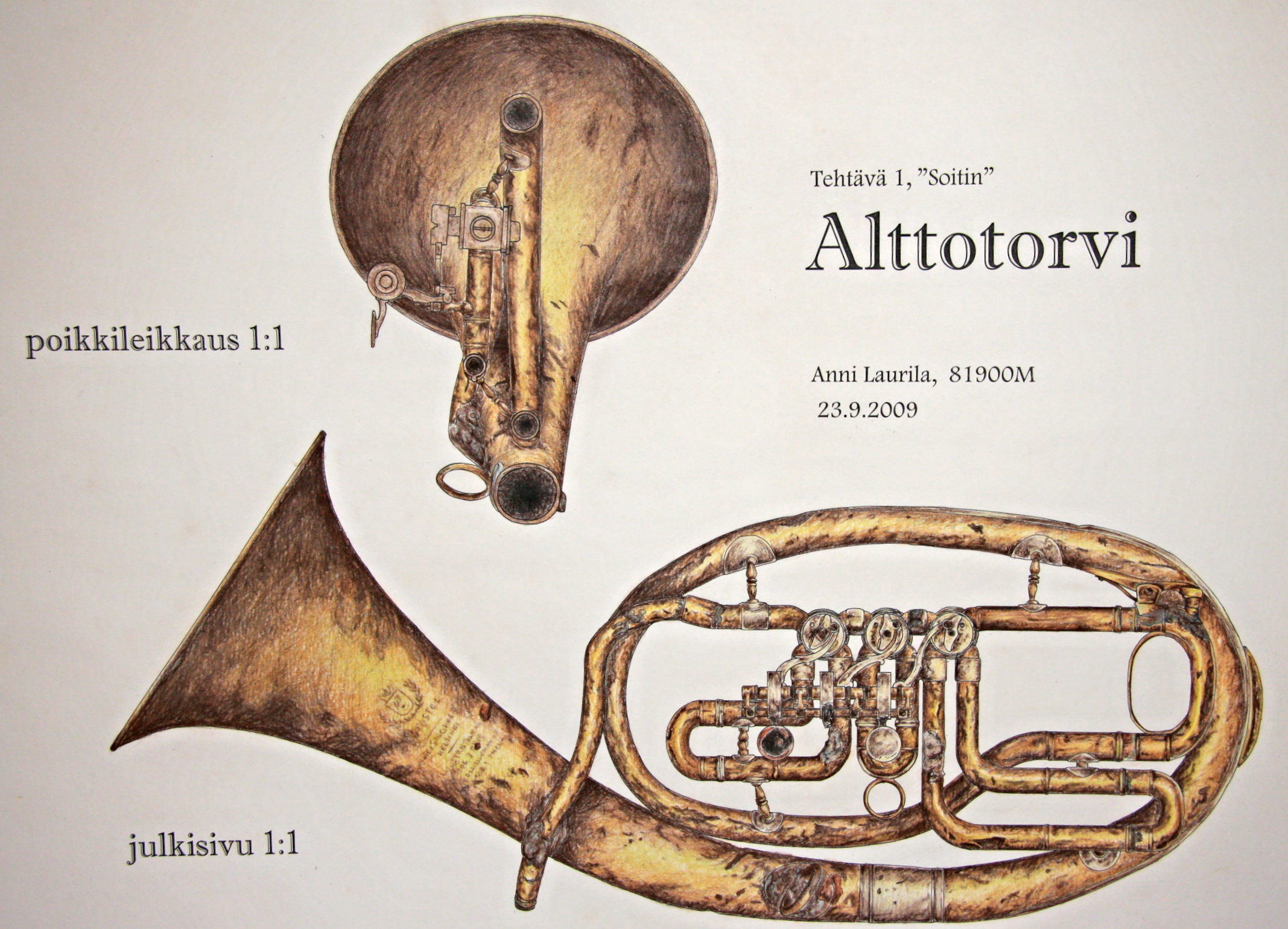 Richness of the worn-down.&nbsp;Real-size drawing of an old trumpet. Marker pen and colored pencils,&nbsp;1 x 0,7 meters.