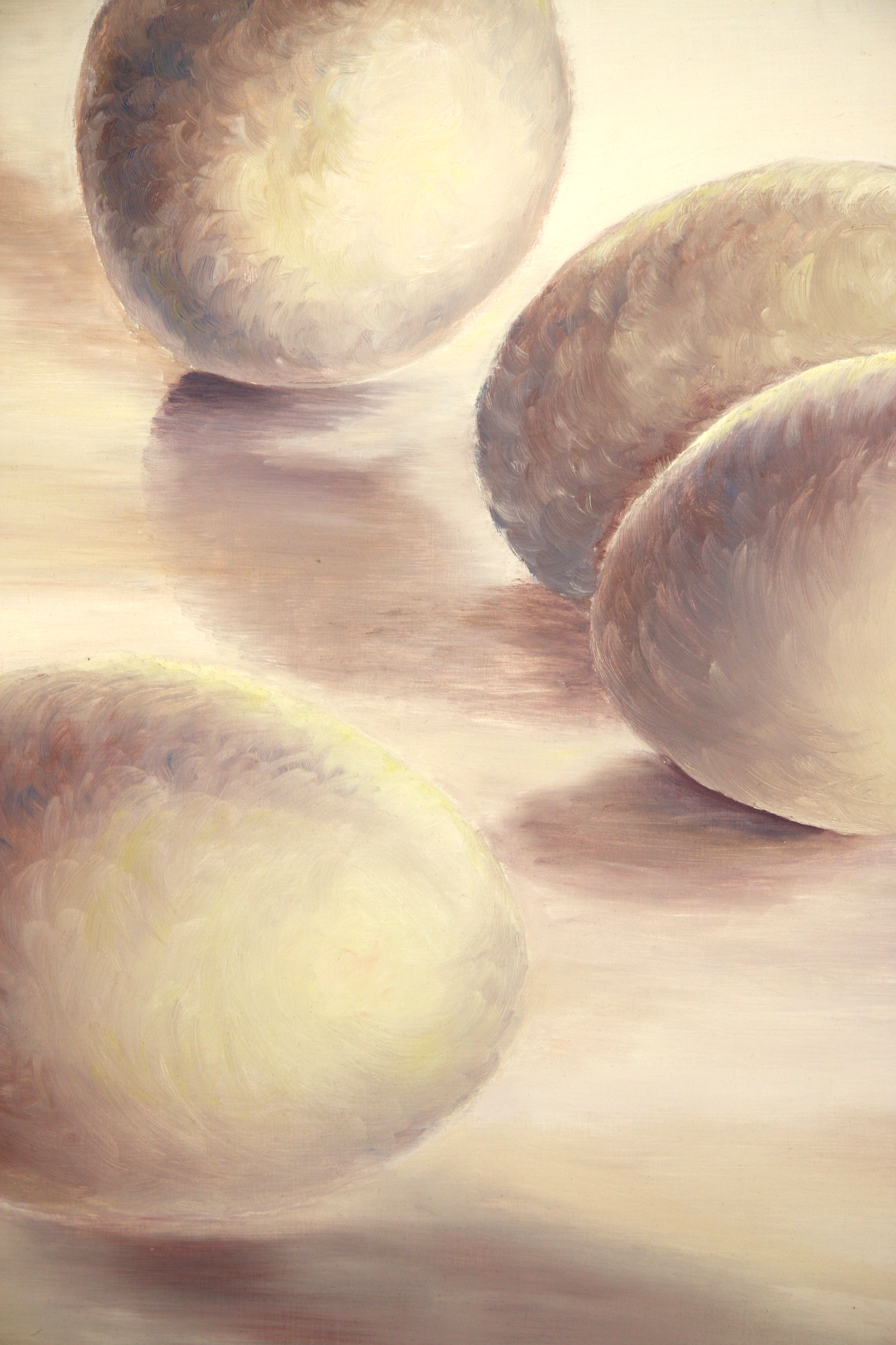 The colors and textures of smooth white eggs on a smooth white table. Oil painting. 0,7&nbsp;x 1 meters.